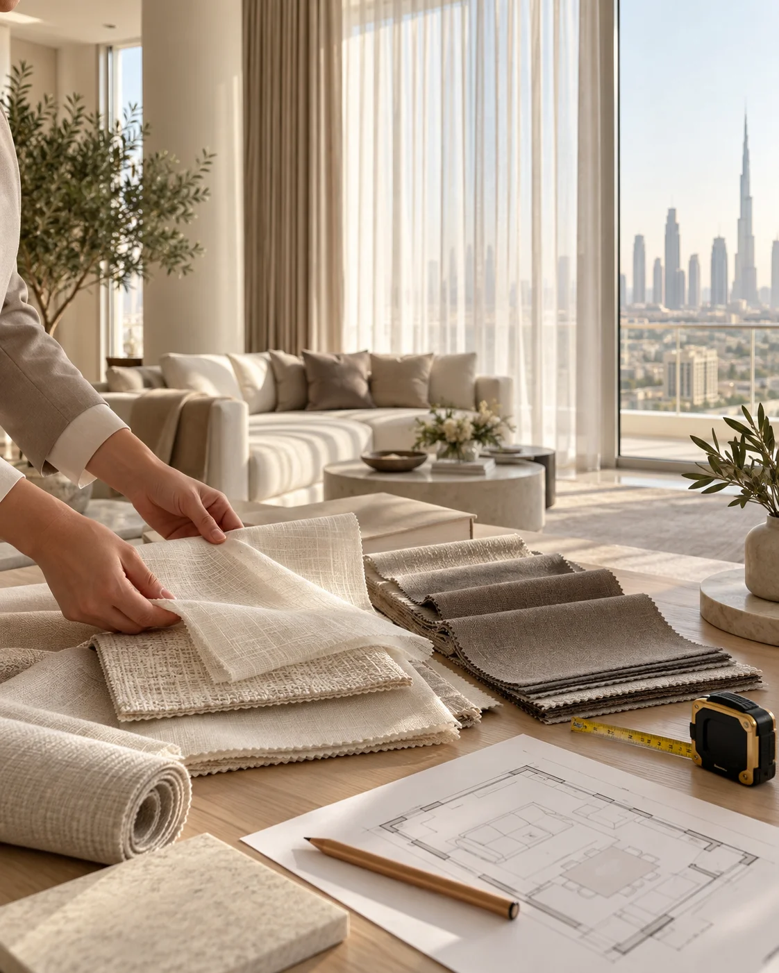Curtain fabric samples, a measuring tape and a floor plan during a home consultation in Dubai