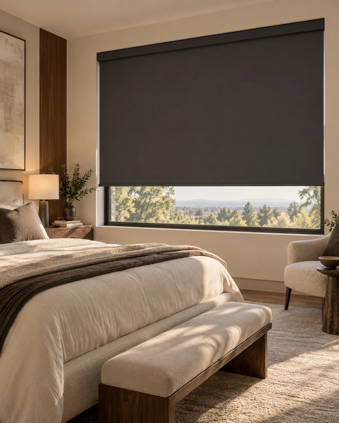 Blackout roller blind lowered in a bedroom