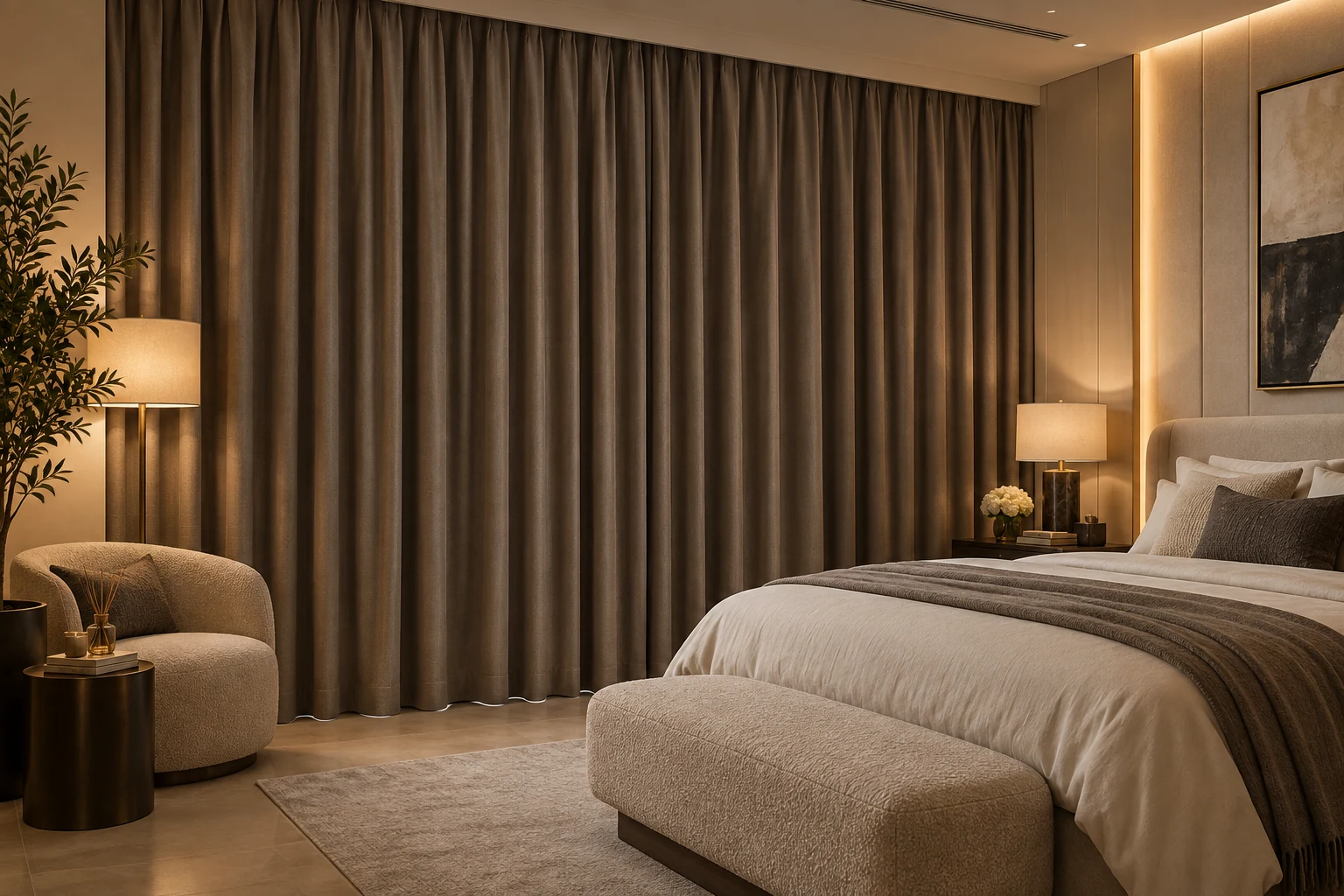 Dark blackout curtains drawn beside a sunlit window