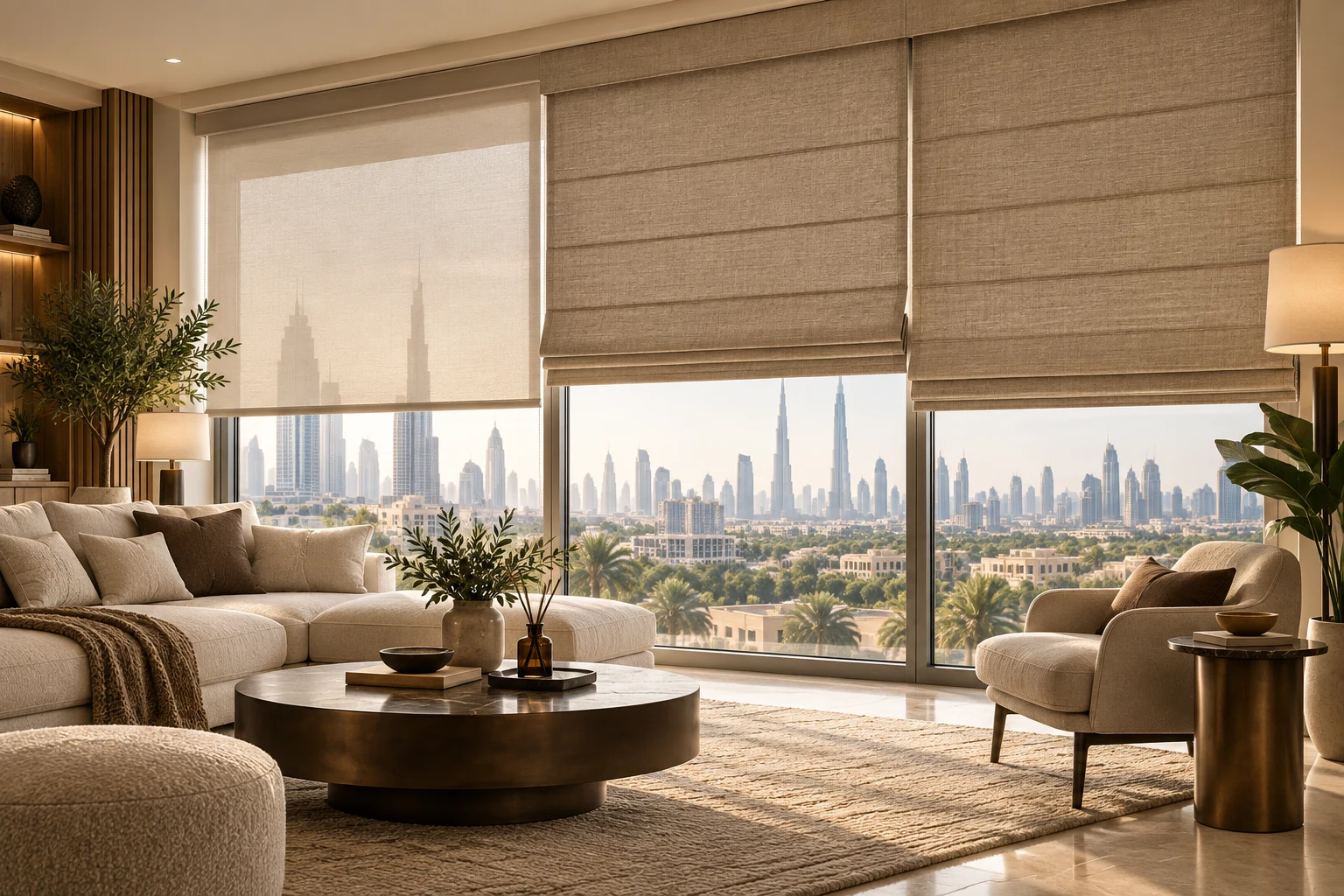 Made-to-measure Roman and sunscreen blinds overlooking Dubai