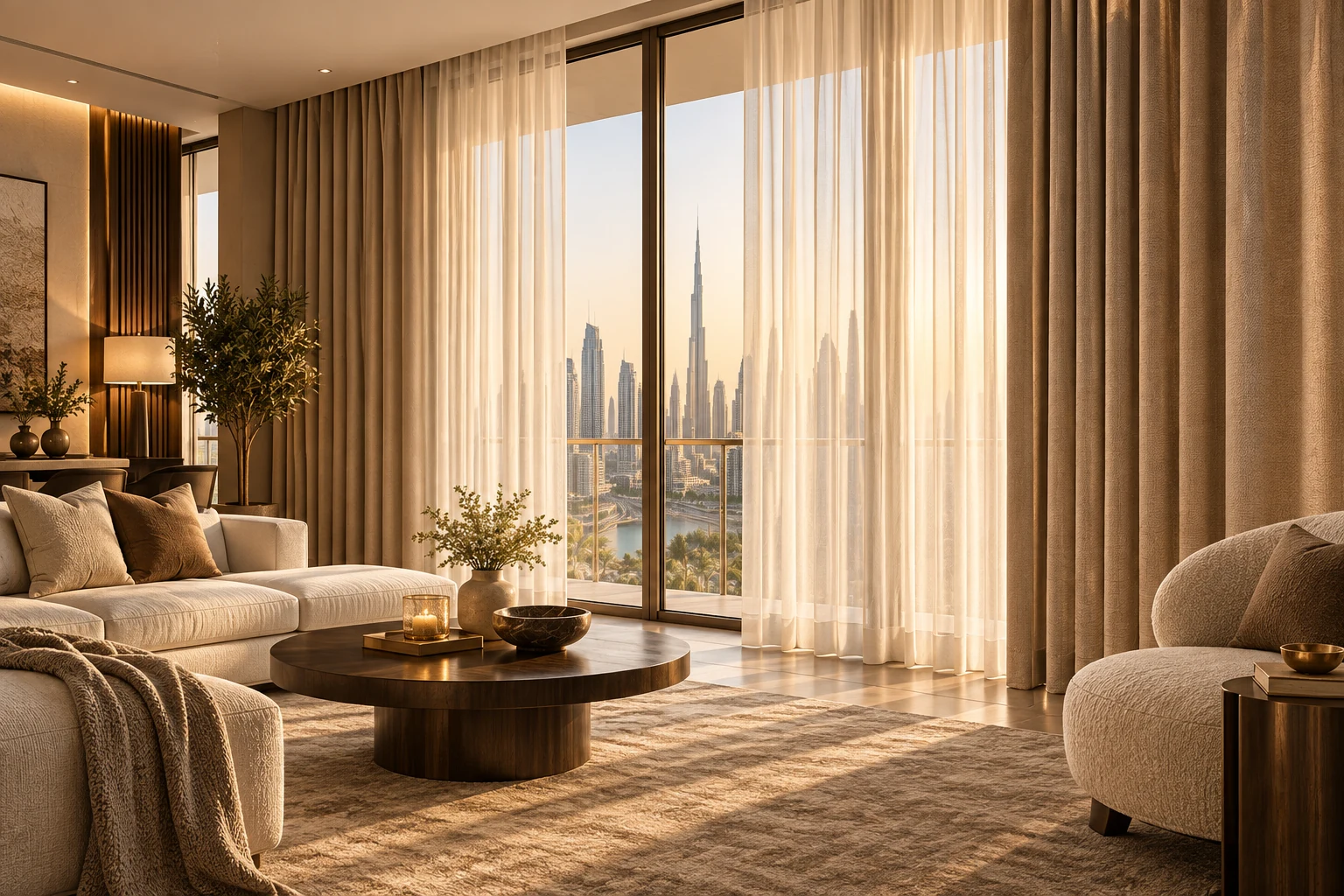 Layered ivory sheers and warm taupe curtains in a luxury Dubai living room
