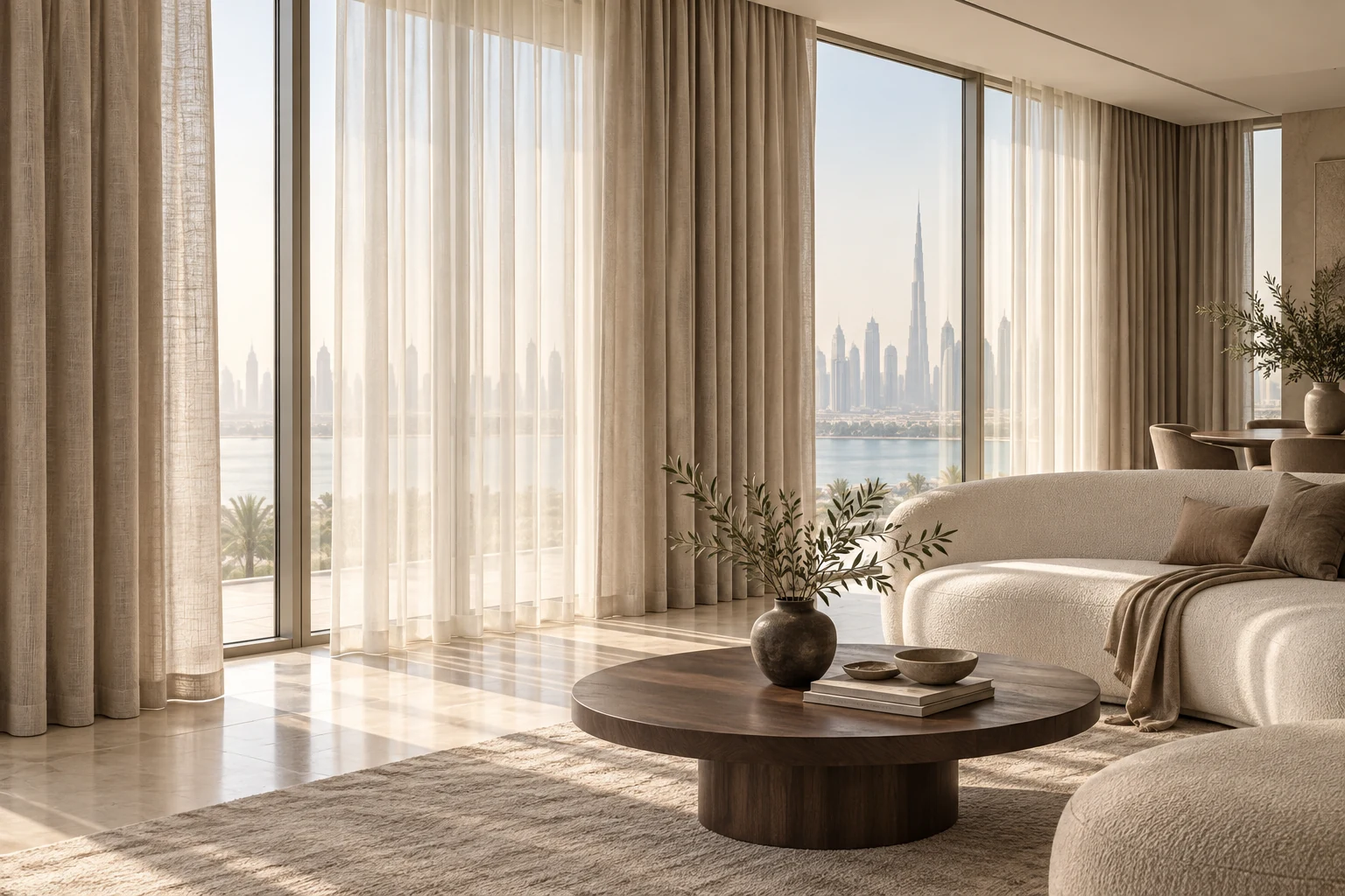 A calm living room framed by floor-length curtains