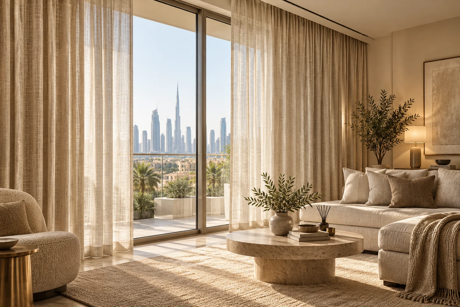 Floor-length curtains filtering soft light in a calm Dubai interior