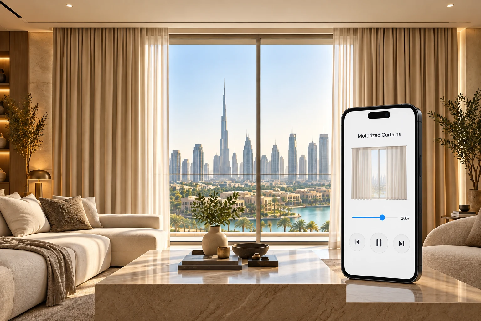 Phone app controlling motorized curtains in a Dubai living room