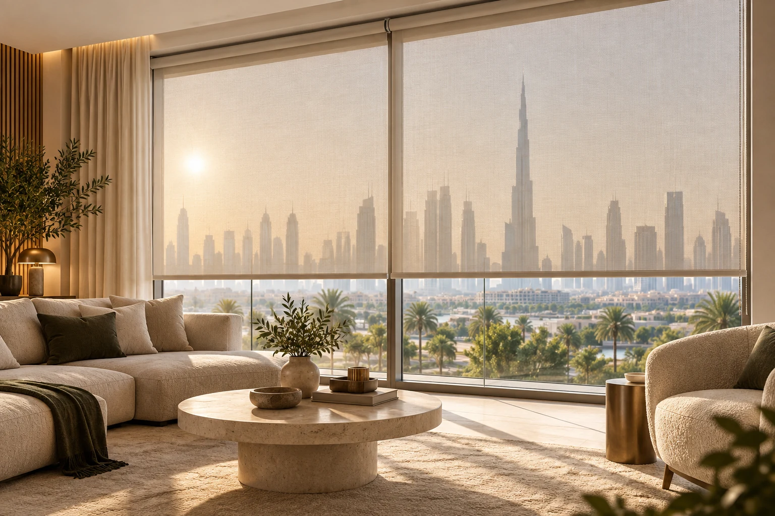 Sunscreen roller blind softening the view of the Dubai skyline