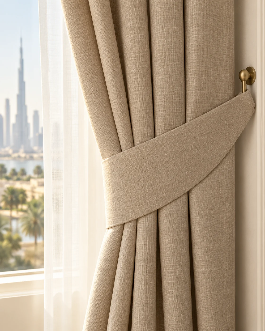 Wide taupe linen fabric tieback holding a curtain beside a brushed brass wall hook