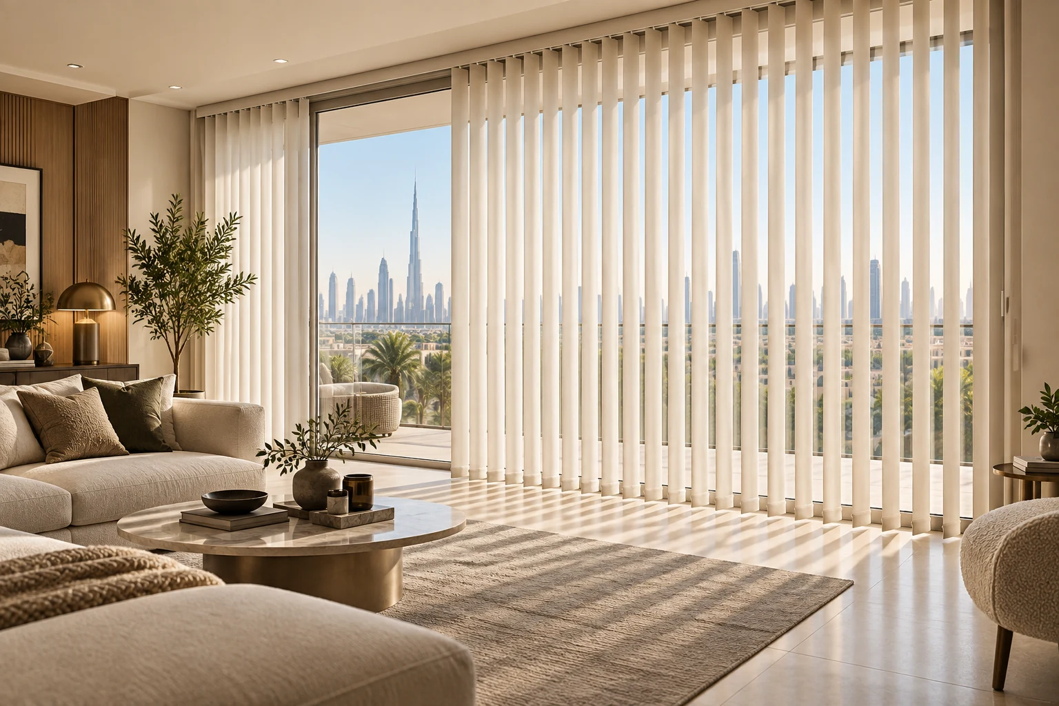 Vertical blinds covering a wide glass wall